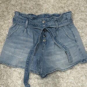 American Eagle Outfitters Light Blue High-Waisted Belted Jean Shorts